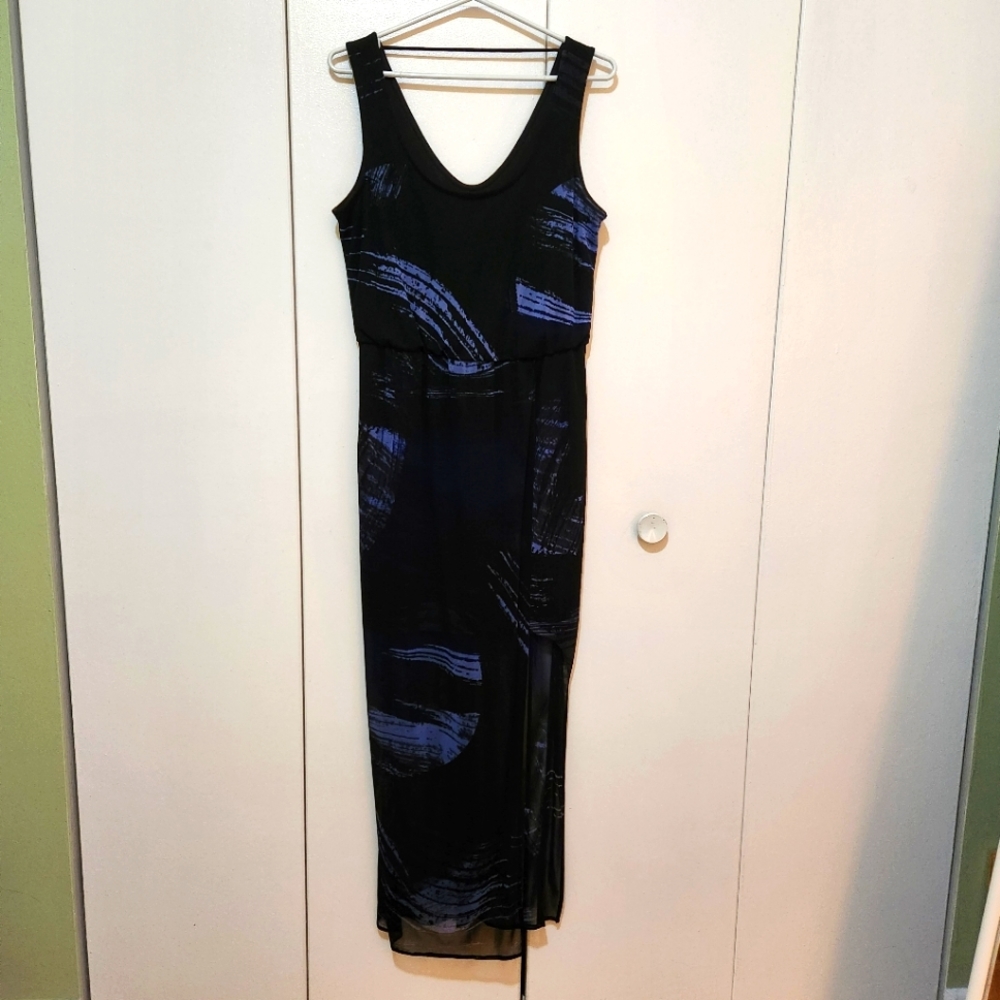 NWT Black and blue maxi dress with sheer top layer and side slit. Built in slip.